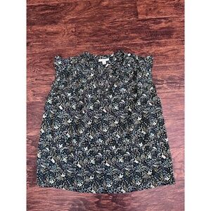 On-34th Top Womens Size M Black Multi Bird Leaf Print Ruffled Neck Boho Chic